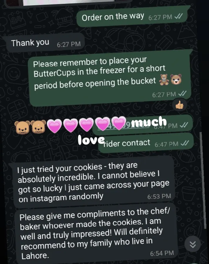 WhatsApp message: compliments to the chef, will recommend to my family in Lahore