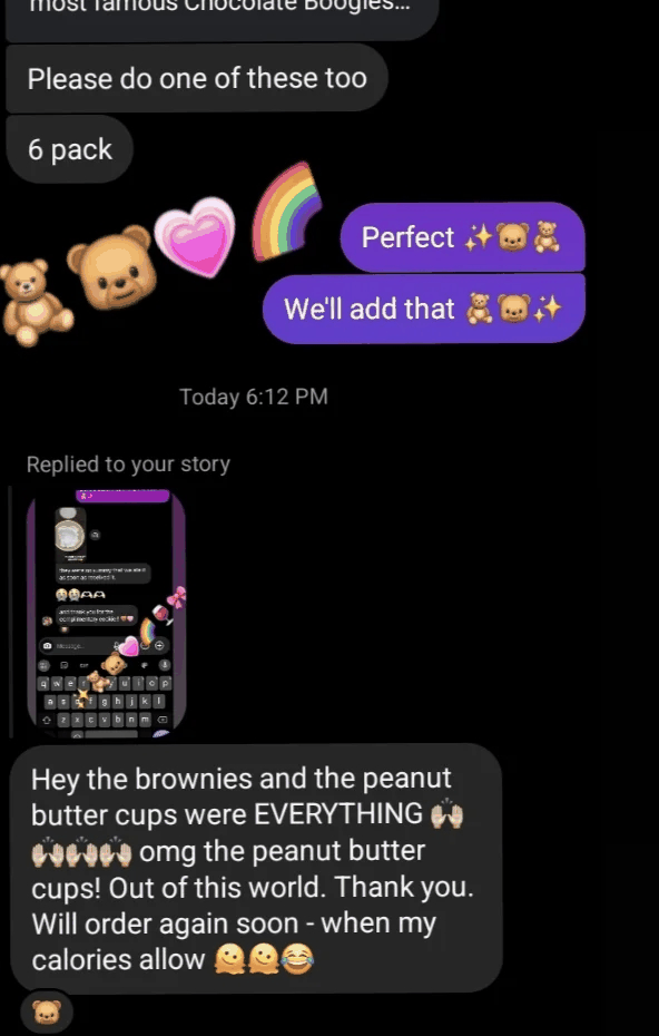 Instagram message: the brownies and the peanut butter cups were everything