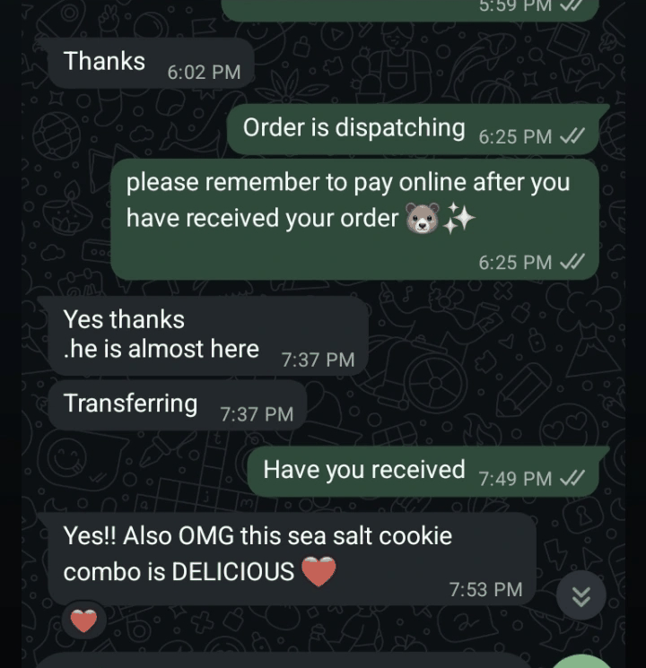 WhatsApp message: this sea salt cookie combo is delicious