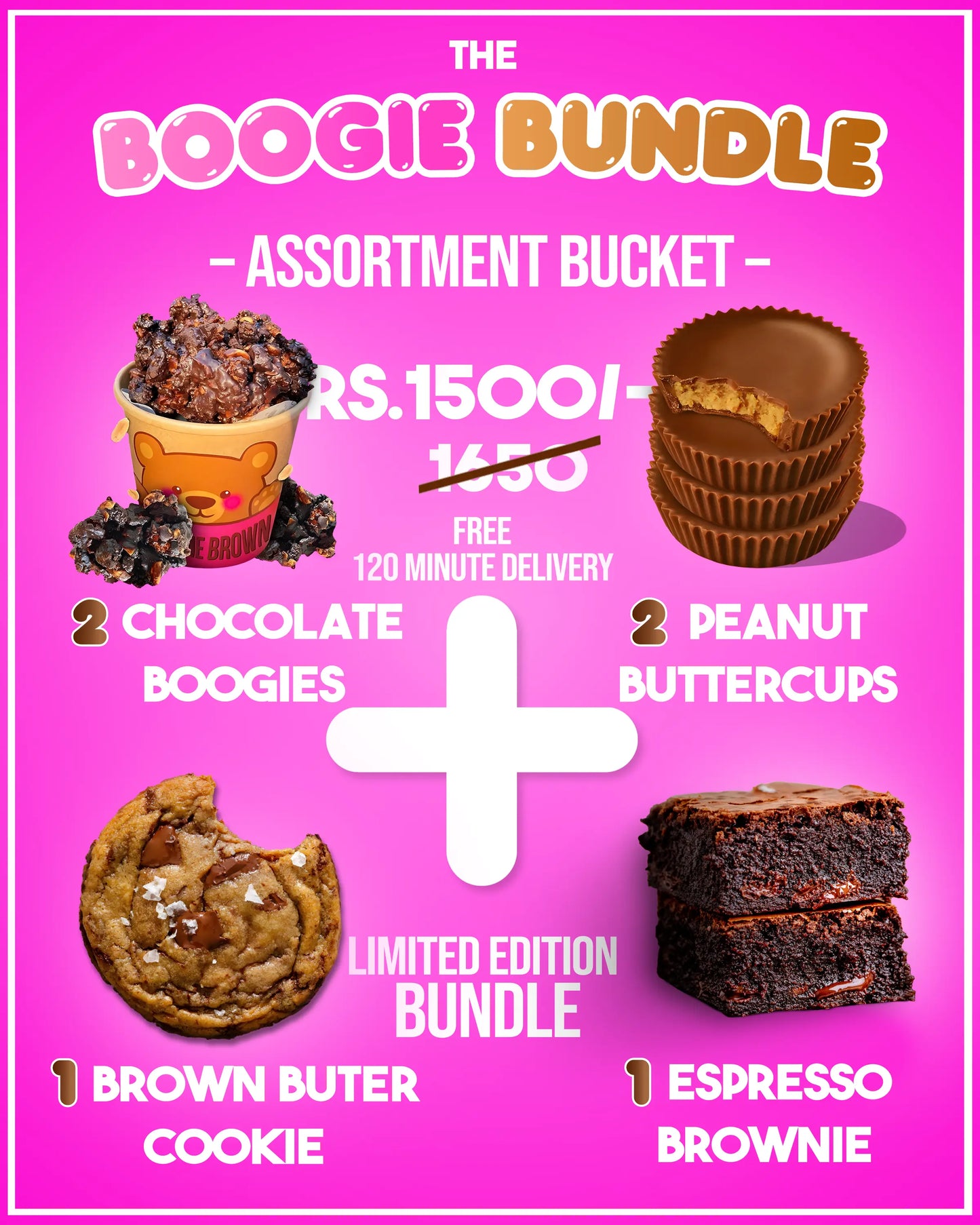 The New Boogie Bundle from Boogie Brown, a box with chocolate boogies, a brown butter cookie, peanut buttercups, and an espresso brownie