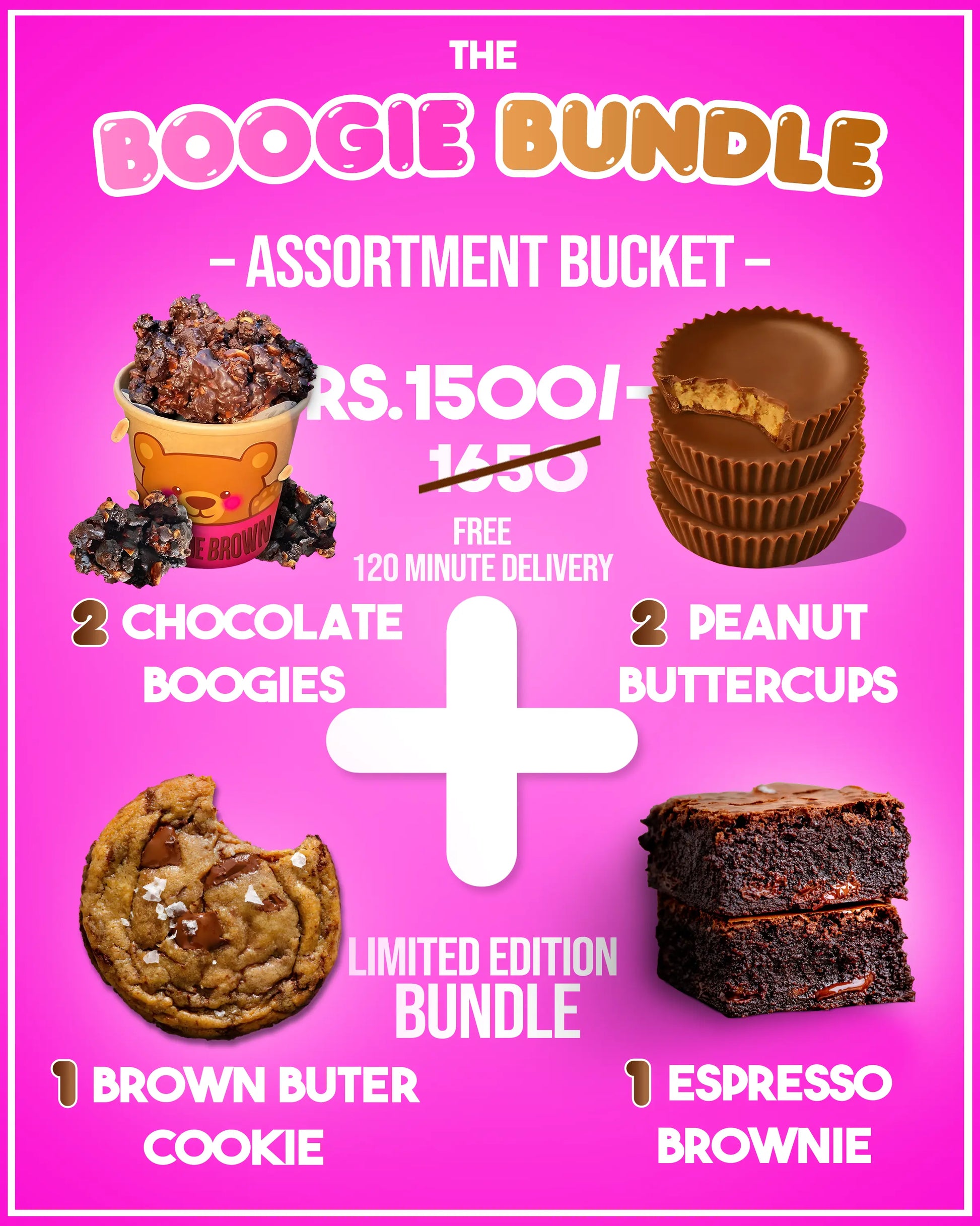 The New Boogie Bundle from Boogie Brown, a box with chocolate boogies, a brown butter cookie, peanut buttercups, and an espresso brownie