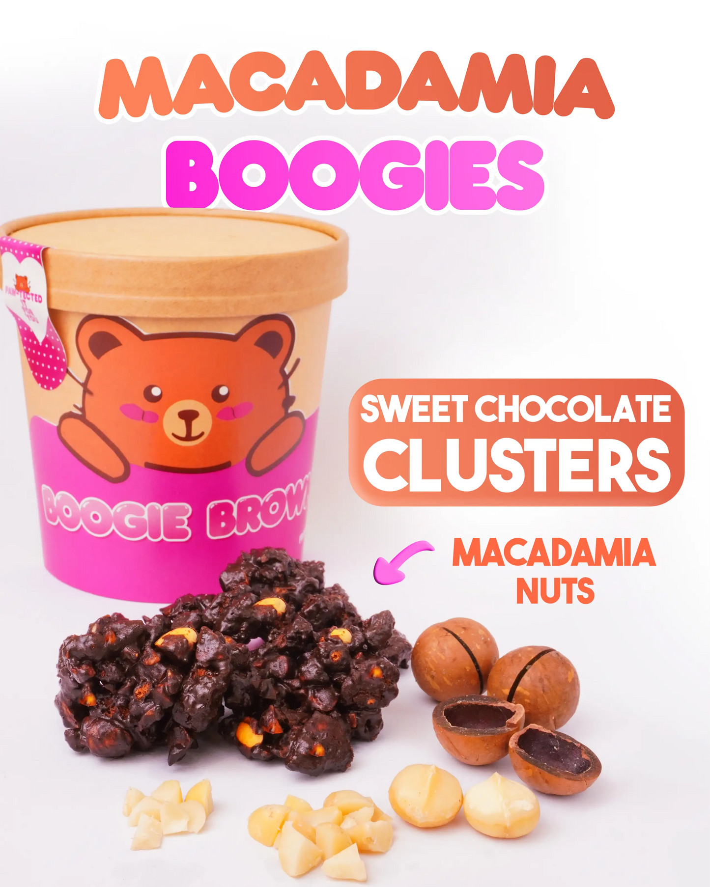 Macadamia Boogie, a chocolate cluster with buttery macadamia nuts folded in